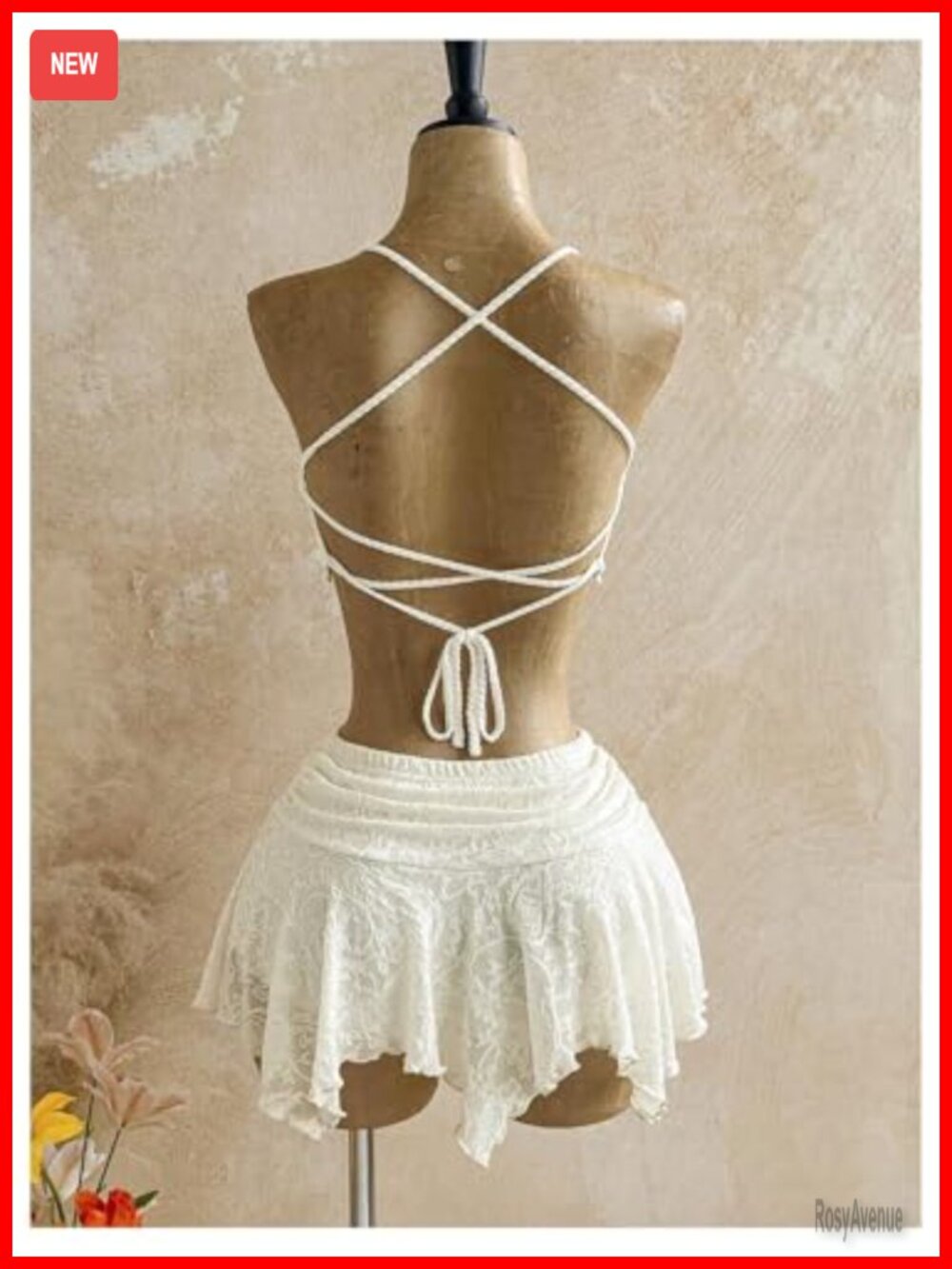 Lace Ruffle Mini Skirt Low Rise Ruched Asymmetrical Flared Boho - Picture 4 of 4